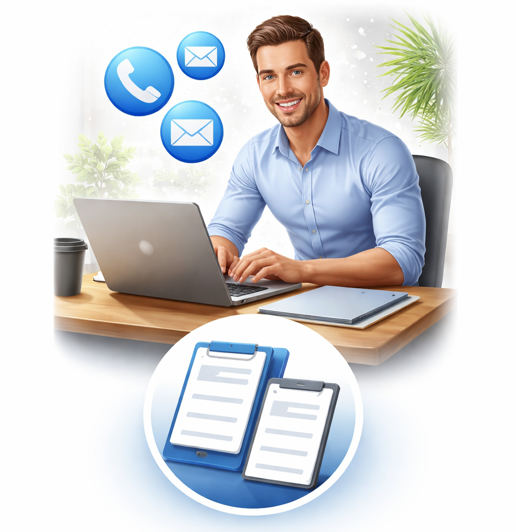 Junger Mann arbeitet am Laptop mit Kommunikationssymbolen.