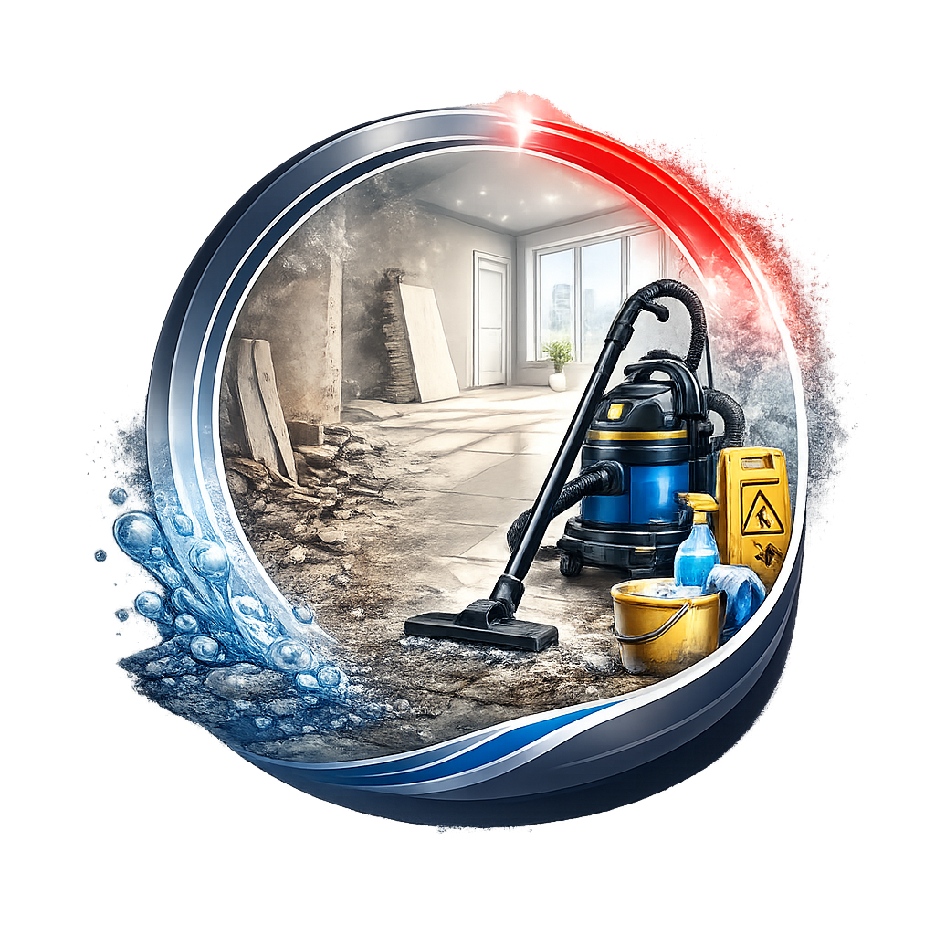 Reinigungsgeräte in einem renovierungsbedürftigen Raum.