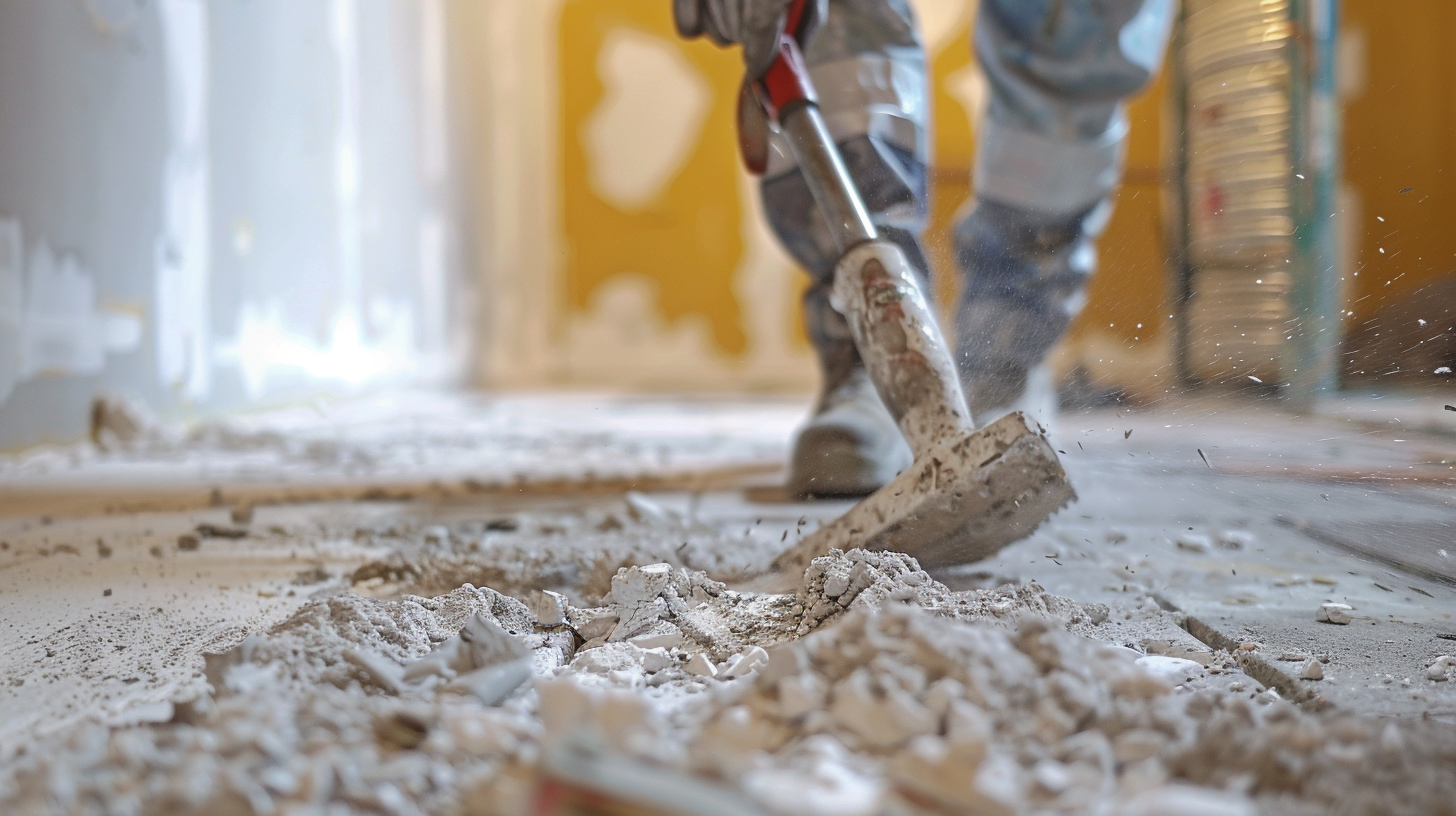 Bauarbeiter bei der Renovierung mit Schaufel und Staub.