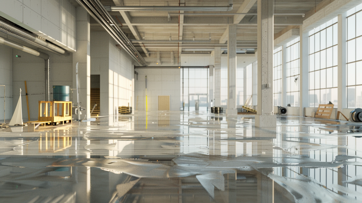 Heller, moderner Raum mit reflektierendem Boden und großen Fenstern.