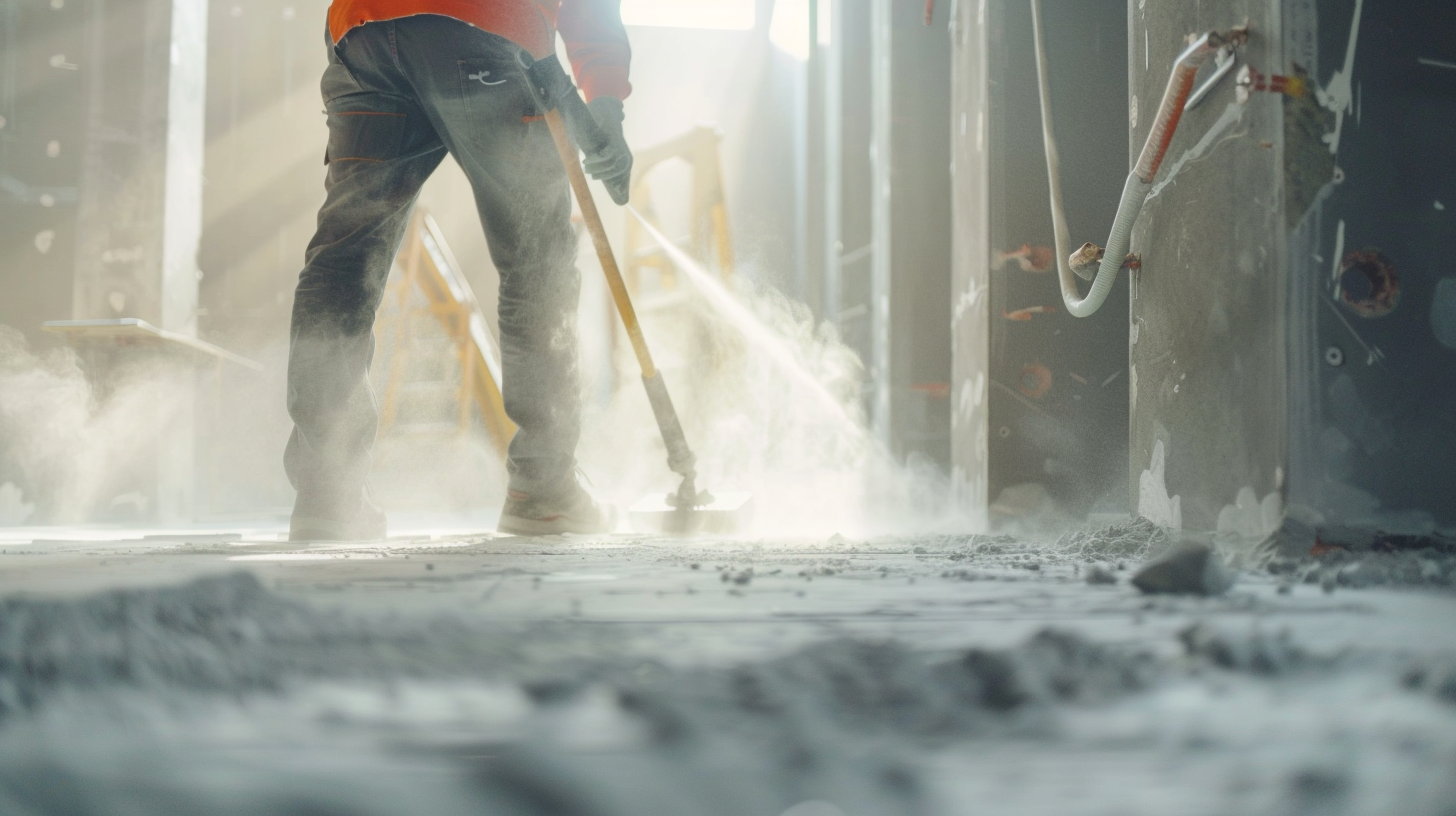 Arbeiter reinigt den Boden auf einer Baustelle mit einem Besen.