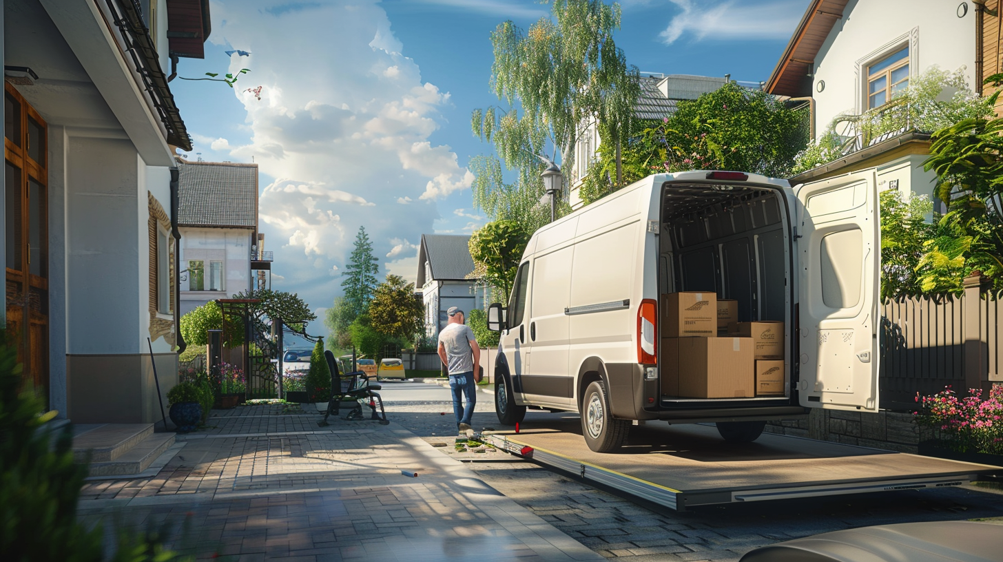 Ein Lieferwagen steht in einer ruhigen Nachbarschaft mit Kisten im Inneren.