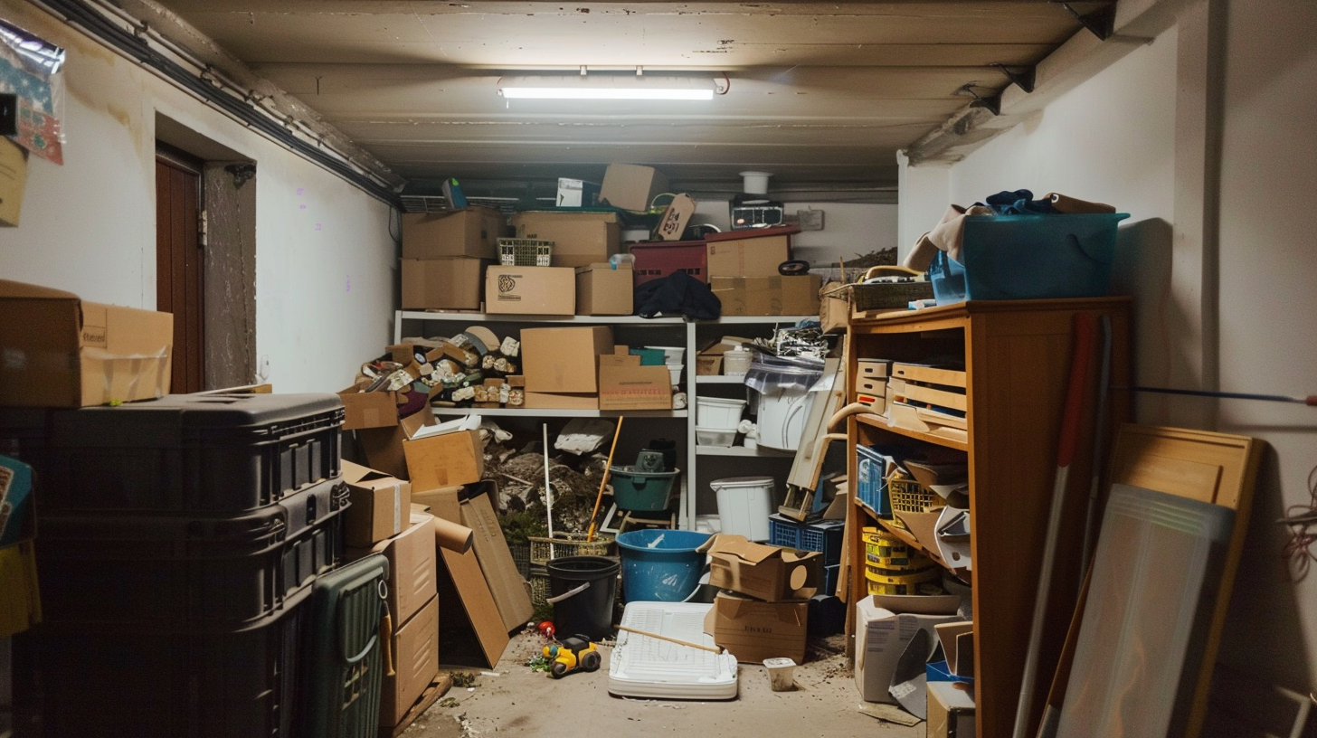 Unordentlicher Keller mit vielen Kisten und Gegenständen.