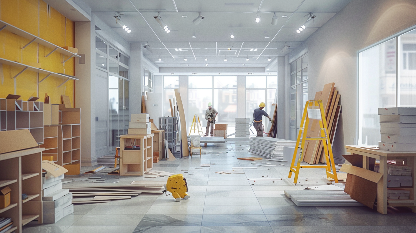 Bauarbeiten in einem modernen Raum mit Bauzubehör.
