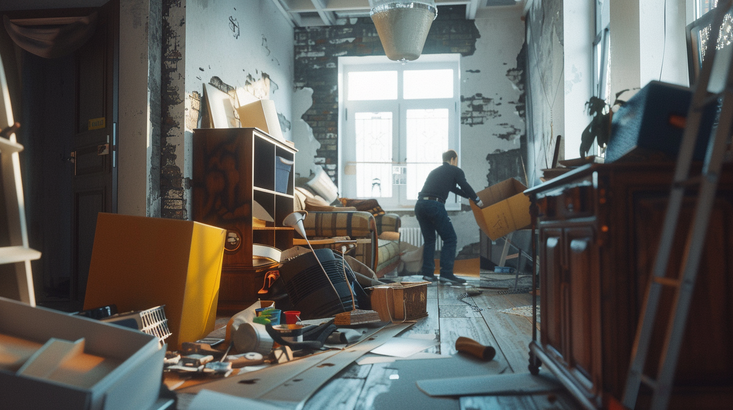 Ein unordentlicher Raum mit Möbeln und Kartons, während jemand aufräumt.