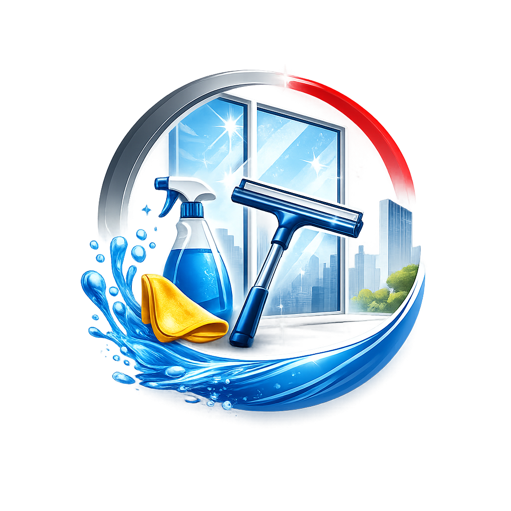 Reinigungsutensilien vor einem Fenster mit Stadtansicht.