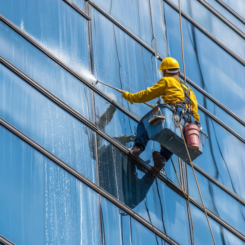 Fensterputzer reinigt Glasfassade eines Hochhauses.
