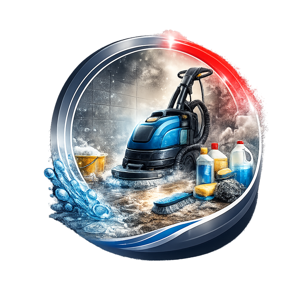 Ein blauer Teppichreiniger umgeben von Reinigungsmitteln und Wasser.