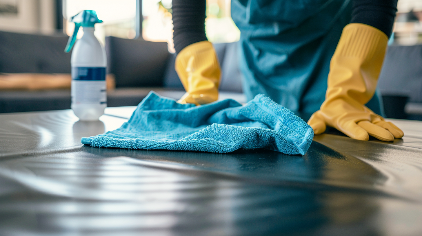 Eine Person reinigt einen Tisch mit einem blauen Tuch und Handschuhen.