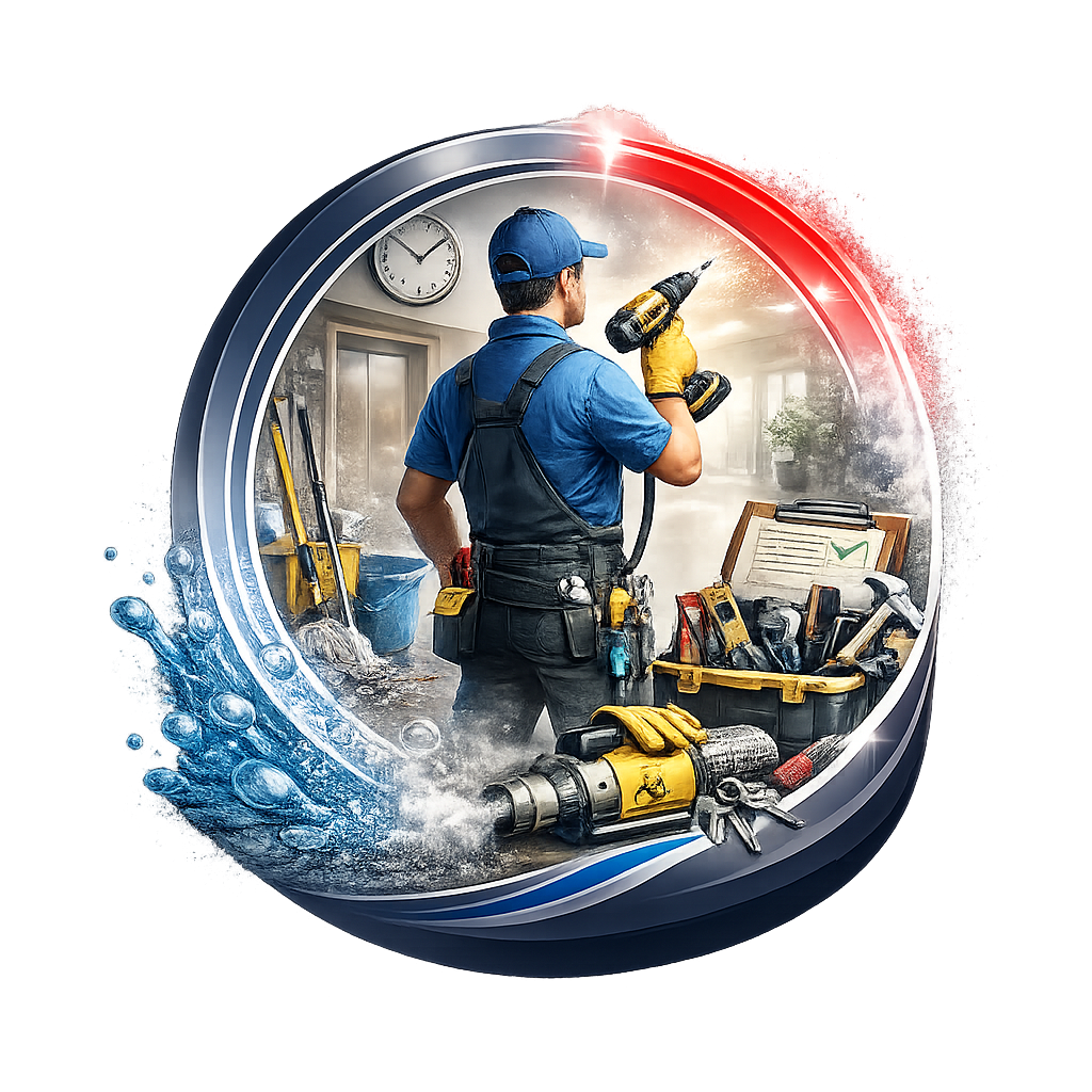 Handwerker mit Werkzeug in einem Raum, umgeben von Reinigungsutensilien.