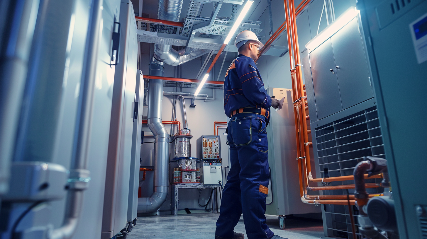 Techniker in einem modernen Technikraum mit Maschinen und Rohren.