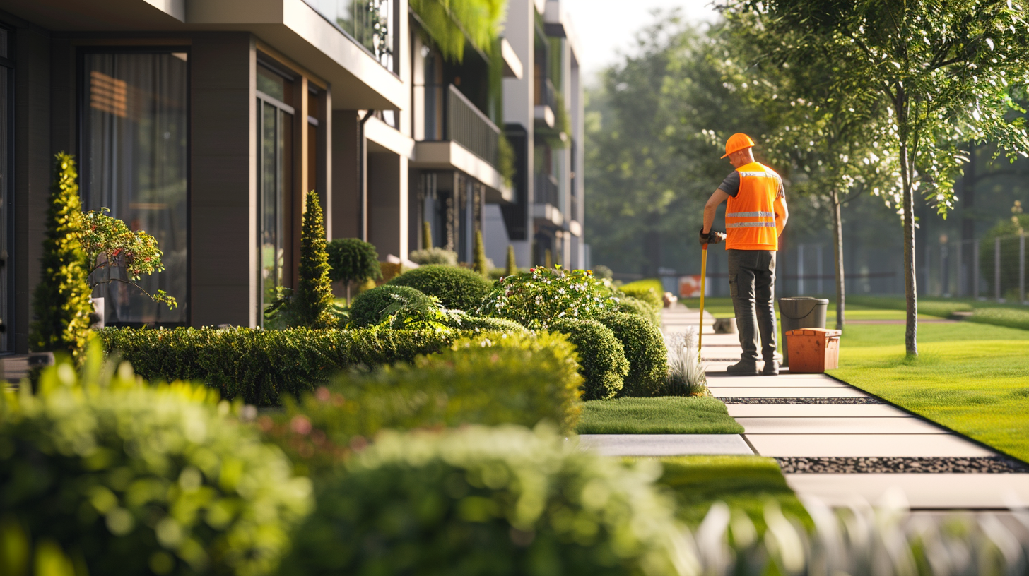 Ein Landschaftsgärtner arbeitet in einem gepflegten Gartenbereich.