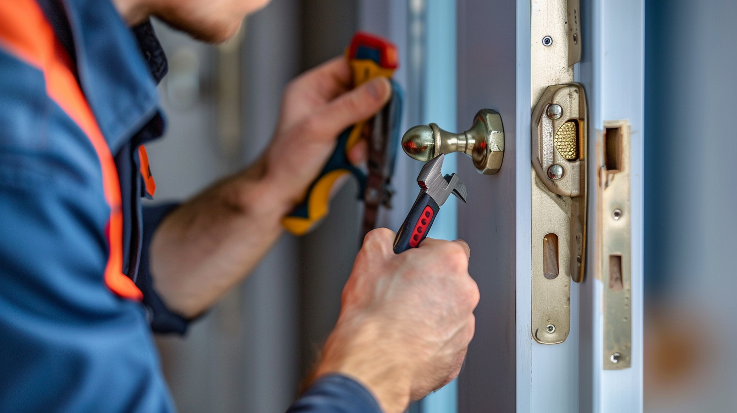 Ein Handwerker repariert ein Türschloss mit Werkzeug.