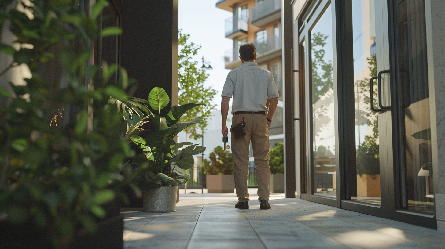 Mann mit Werkzeug in moderner Umgebung zwischen Pflanzen.