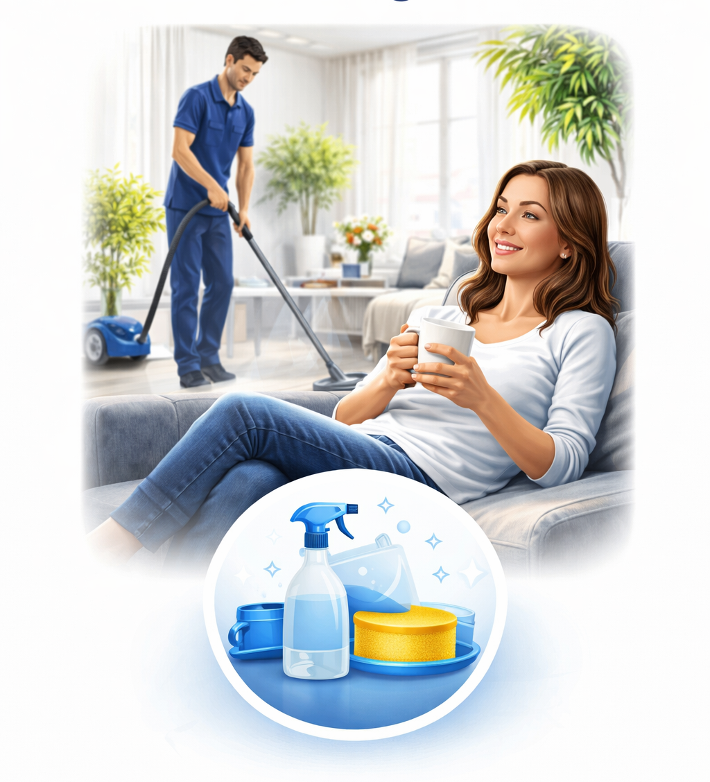 Eine Frau entspannt auf dem Sofa, während ein Mann putzt.