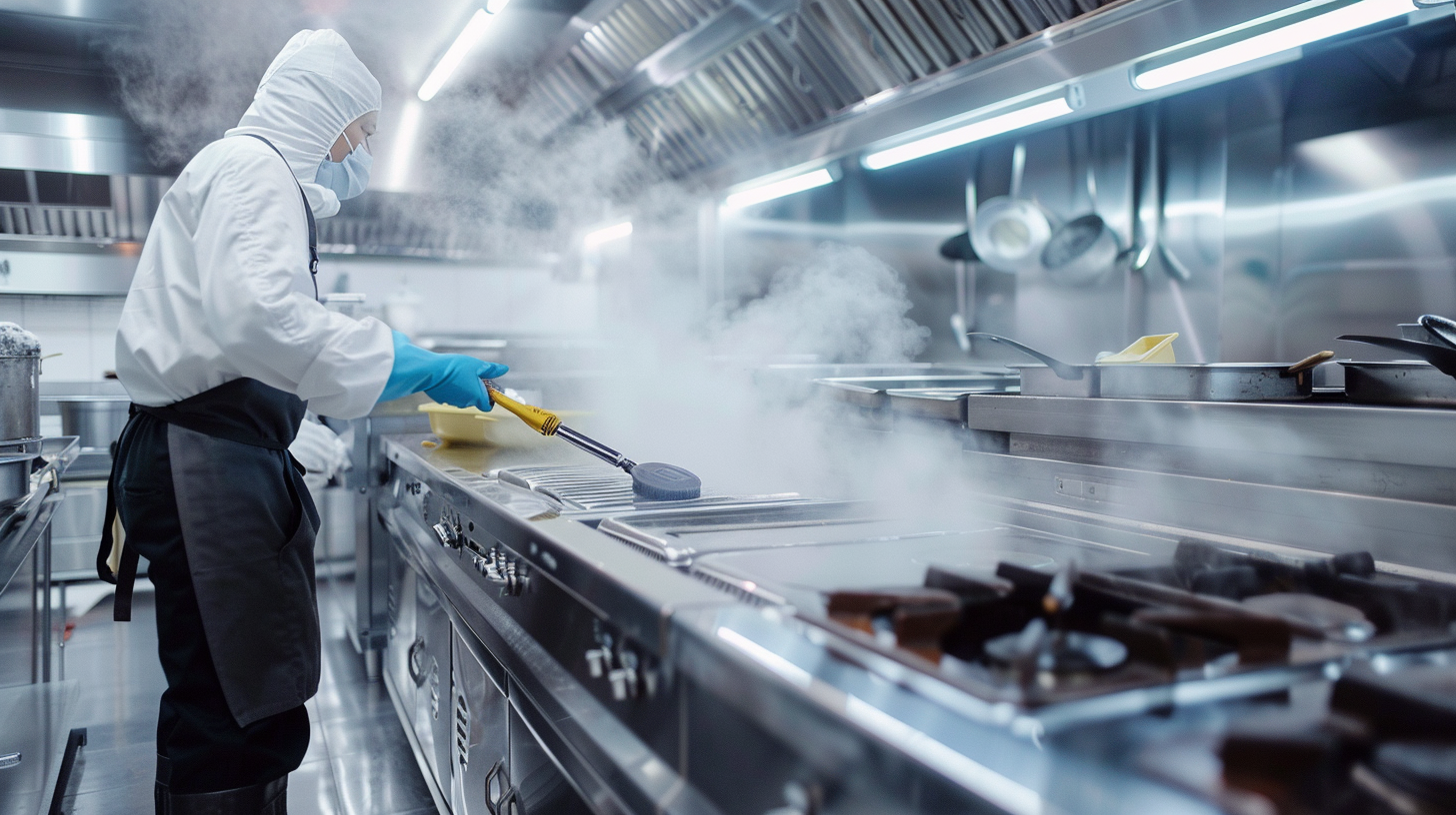Koch in einer modernen Küche mit Dampf und Reinigungsutensilien.