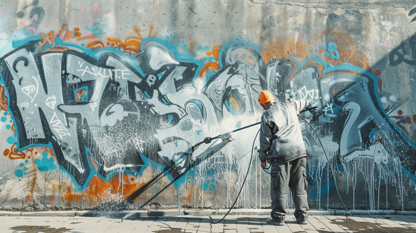 Ein Arbeiter reinigt Graffiti von einer Wand mit Hochdruckreiniger.