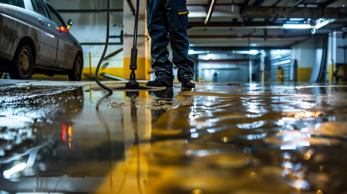 Ein Arbeiter reinigt den Boden einer Tiefgarage mit Hochdruckreiniger.