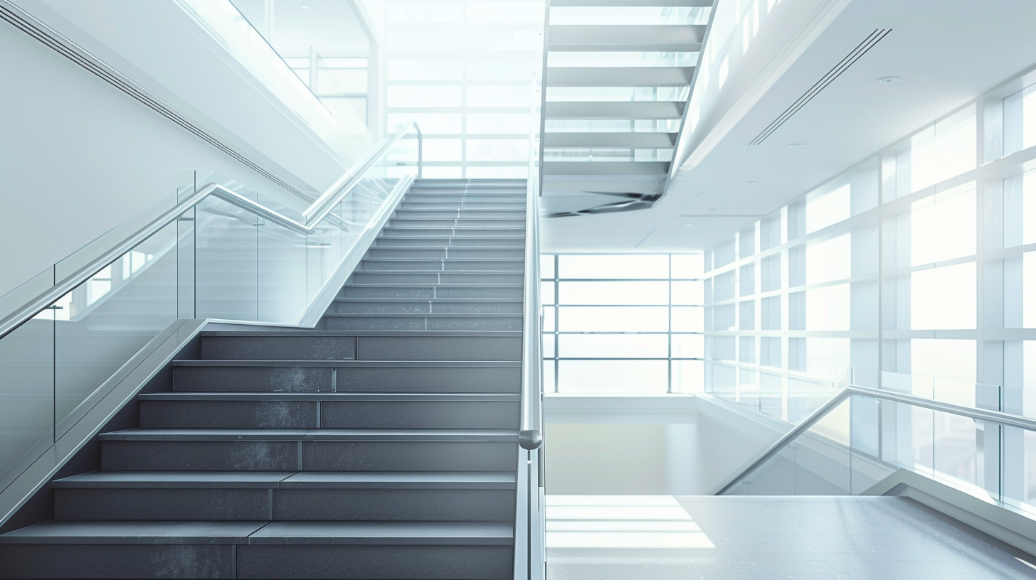 Moderne Treppe in einem hellen, minimalistischen Raum mit großen Fenstern.