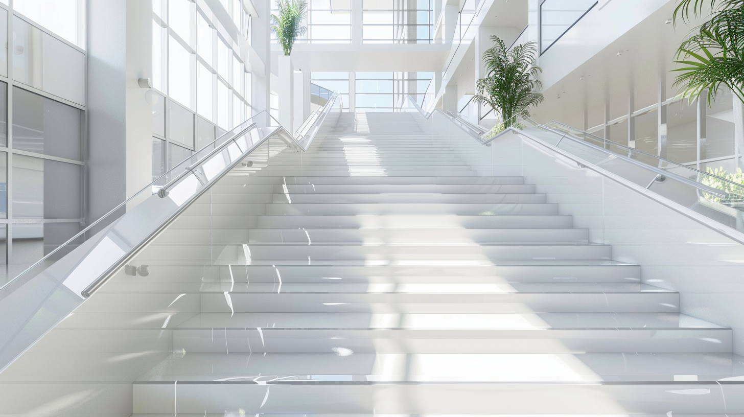 Helle Treppe in einem modernen Gebäude mit großen Fenstern und Pflanzen.
