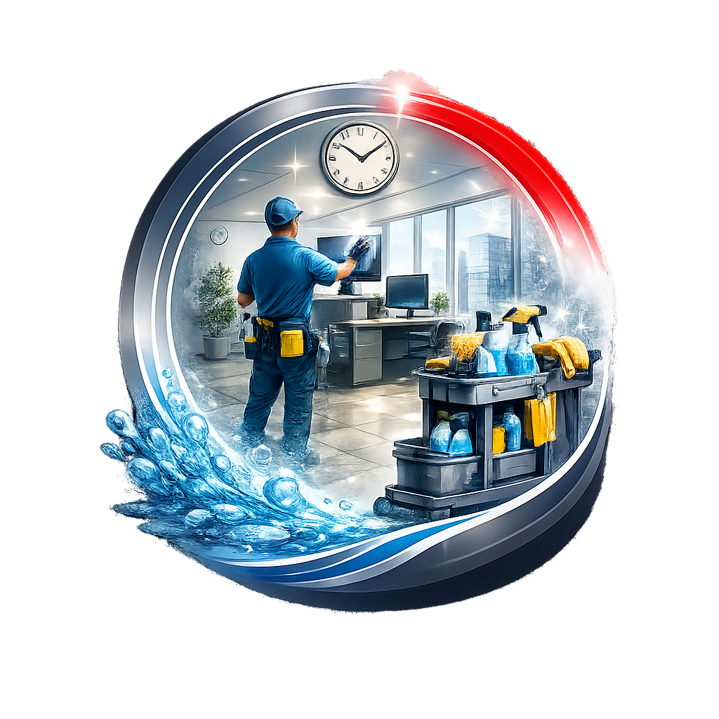 Ein Reinigungskraft putzt ein modernes Büro mit Reinigungsmitteln.