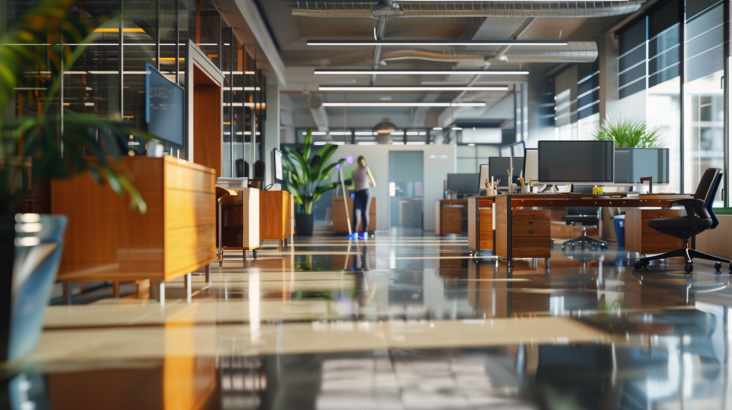 Modernes Büro mit Holzschreibtischen und Pflanzen.