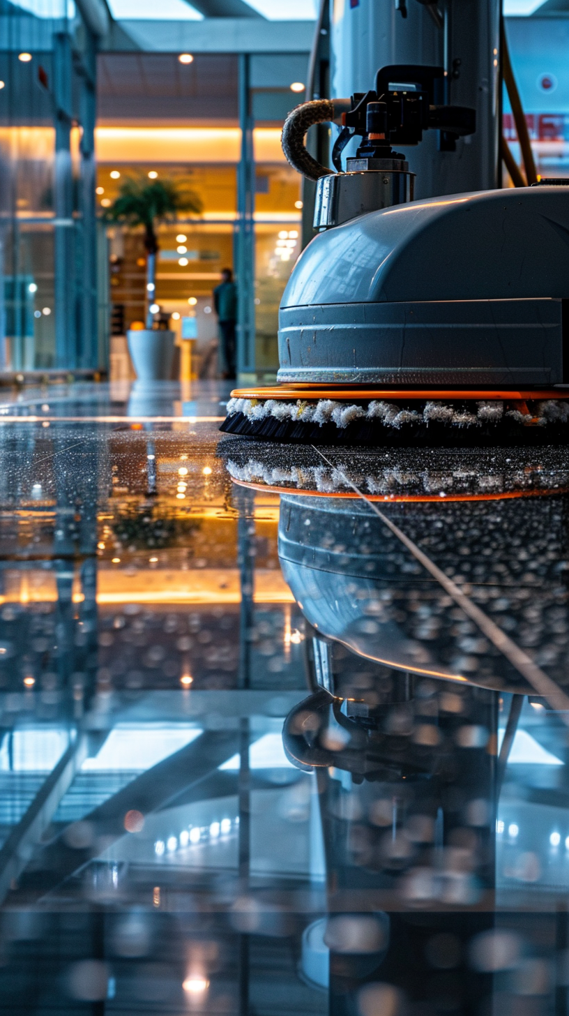 Reinigungsmaschine auf glänzendem Boden in einem modernen Gebäude.