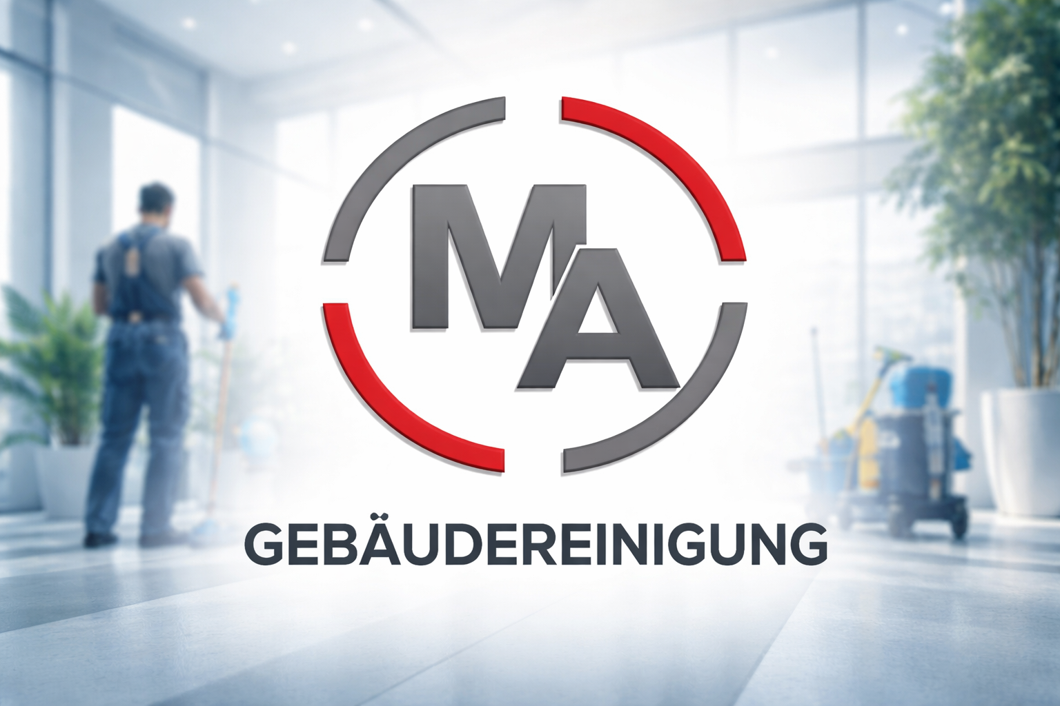 Logo der Gebäudereinigung mit einem Mitarbeiter im Hintergrund.
