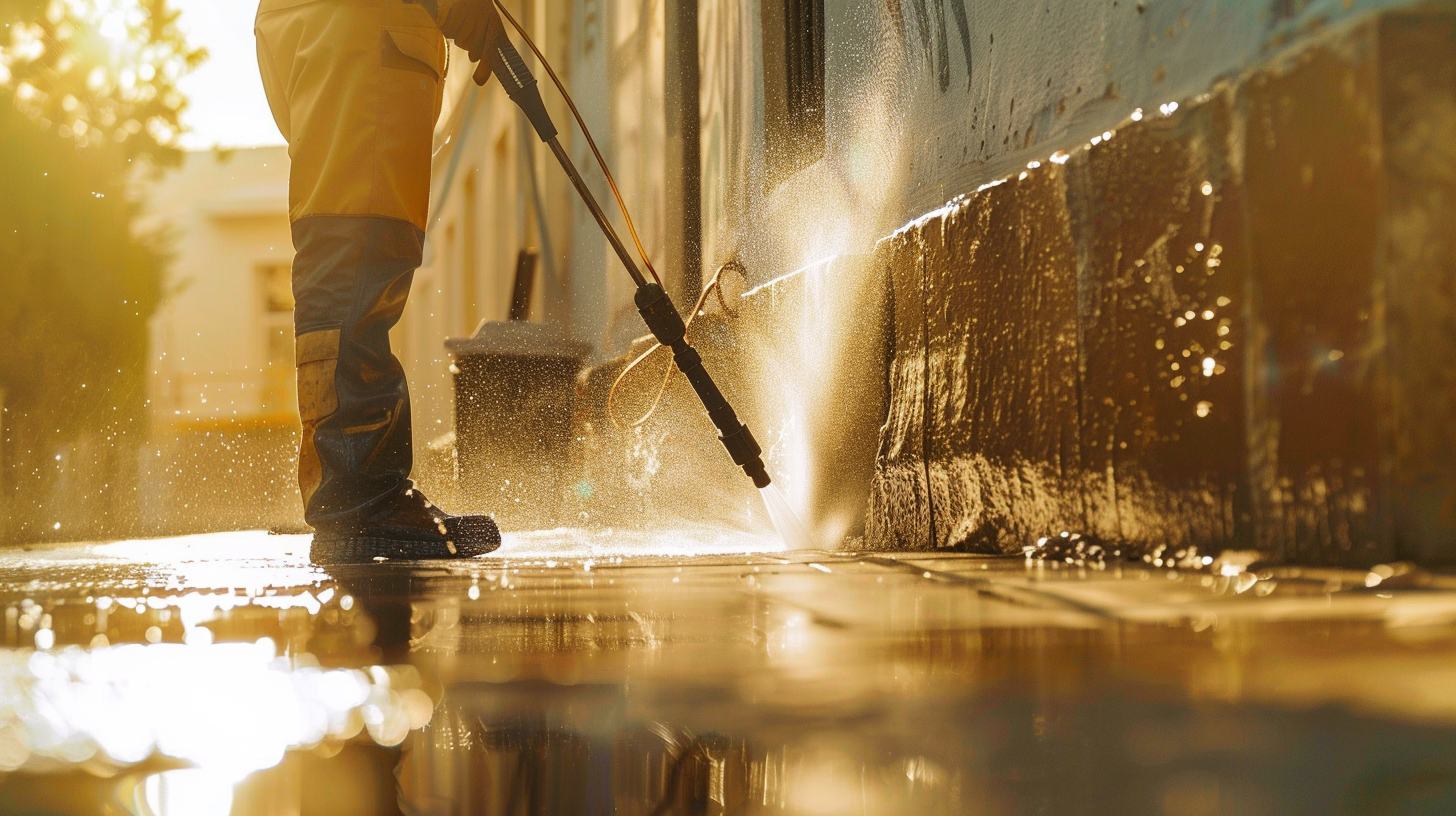 Ein Arbeiter reinigt eine Wand mit einem Hochdruckreiniger bei Sonnenuntergang.