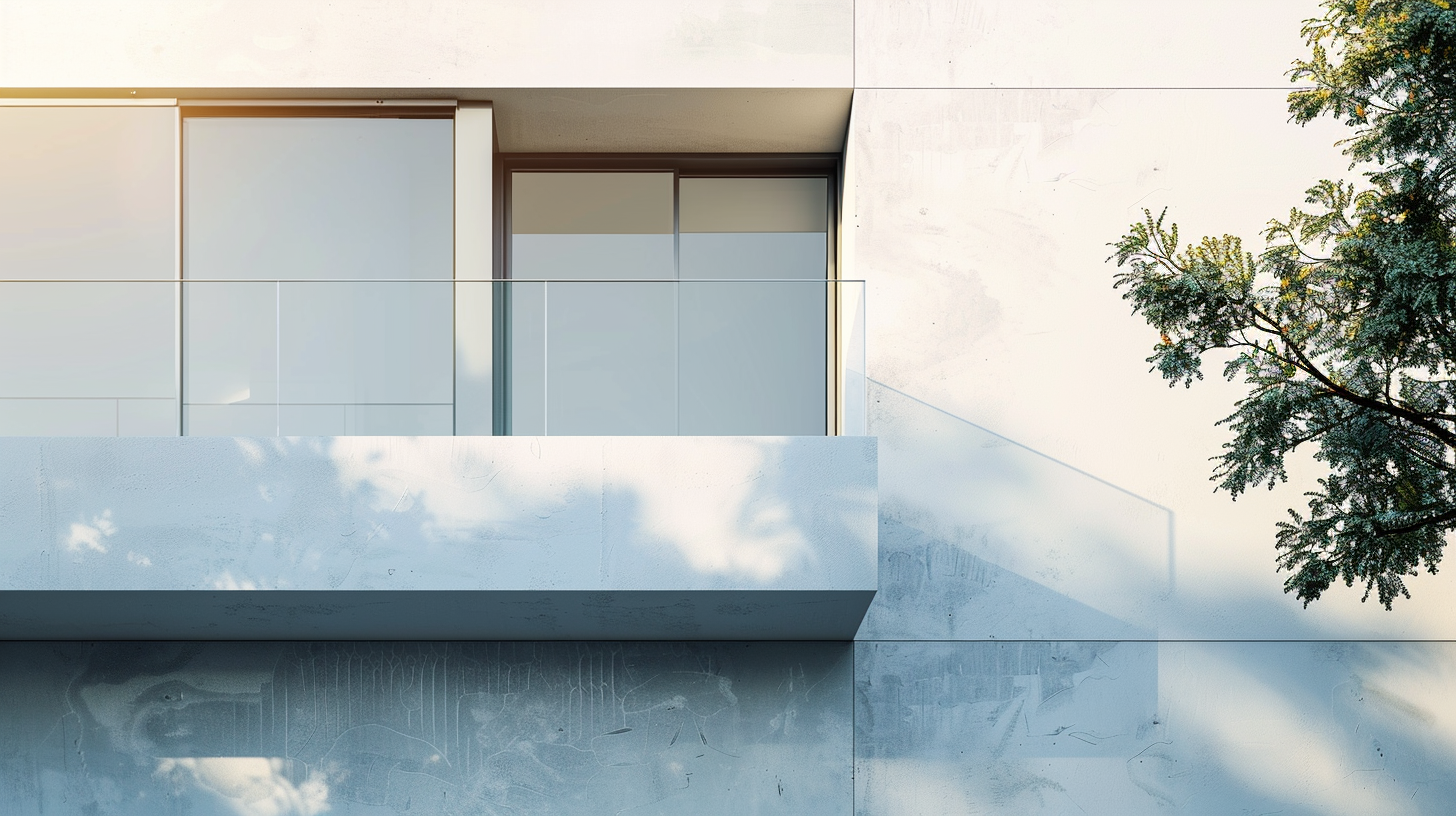 Moderne Architektur mit Balkon und Baum im Vordergrund.