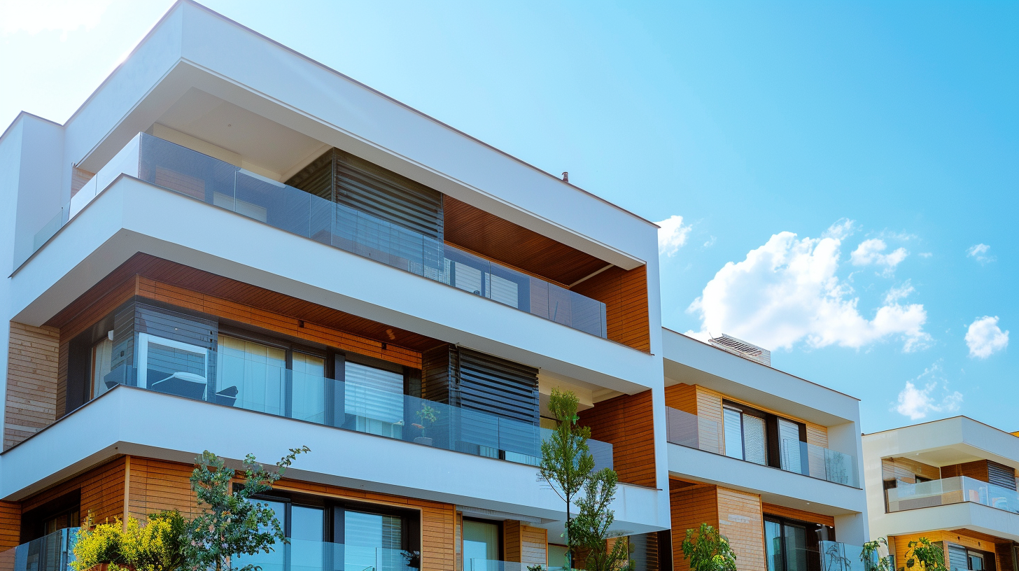 Moderne Wohngebäude mit Balkonen und Glasgeländern unter blauem Himmel.