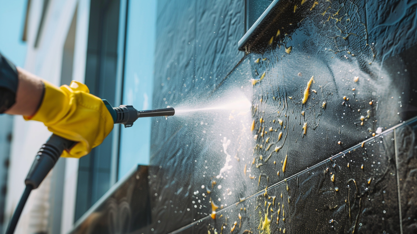 Eine Person reinigt eine Wand mit einem Hochdruckreiniger.