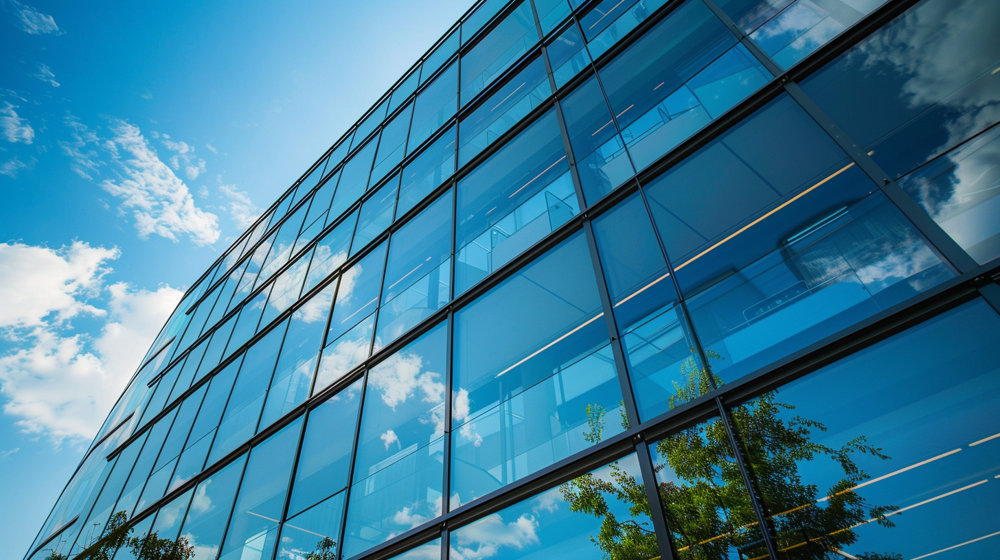 Moderne Glasfassade eines Gebäudes mit reflektierendem Himmel.