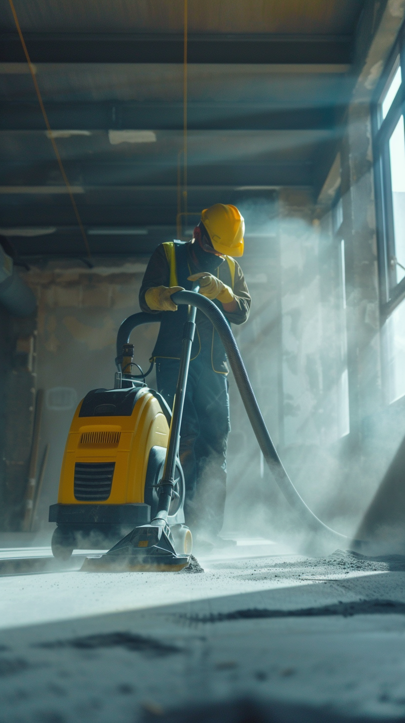 Arbeiter mit Staubsauger in einem Baustellenraum
