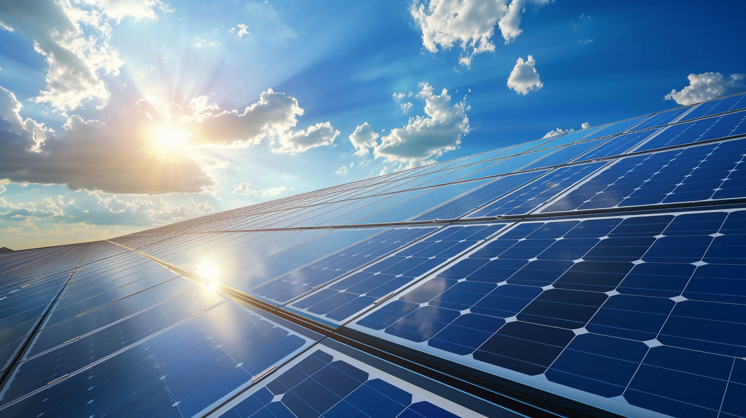 Sonnenlicht reflektiert auf Solarpanelen unter blauem Himmel.
