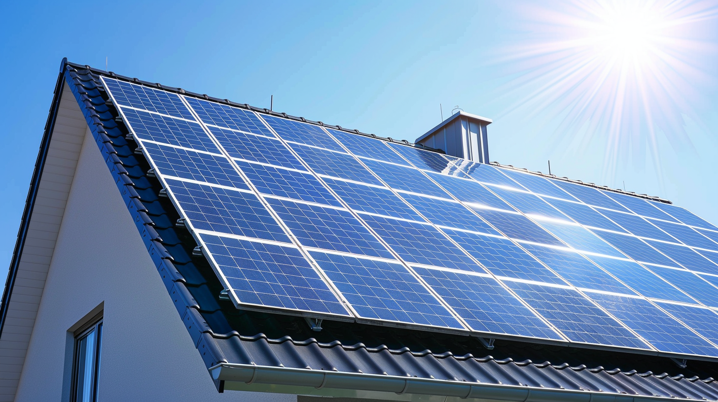 Dach mit Solarpanelen unter klarem Himmel und Sonne.