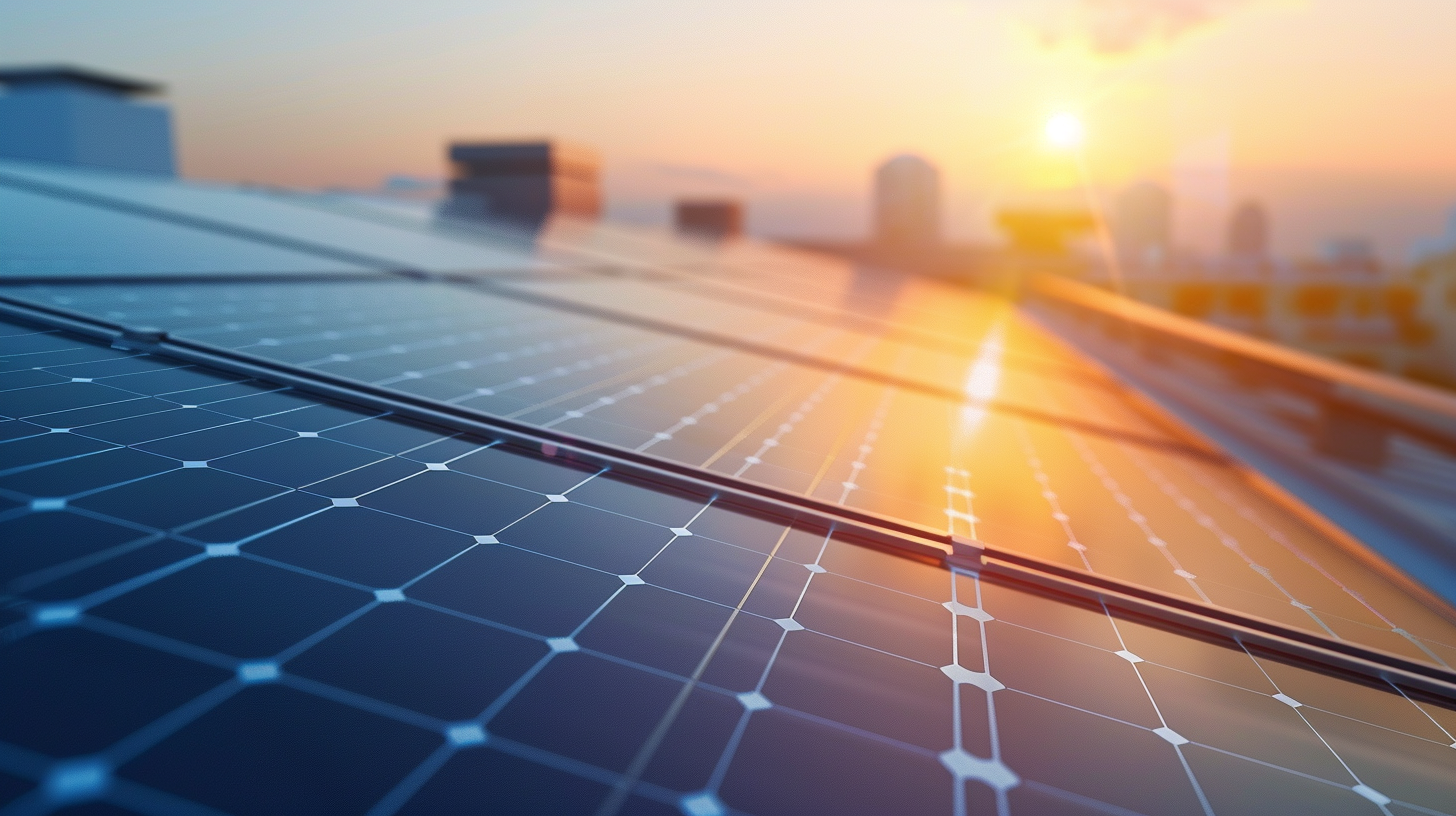 Nahaufnahme von Solarpanelen bei Sonnenuntergang auf einem Dach.