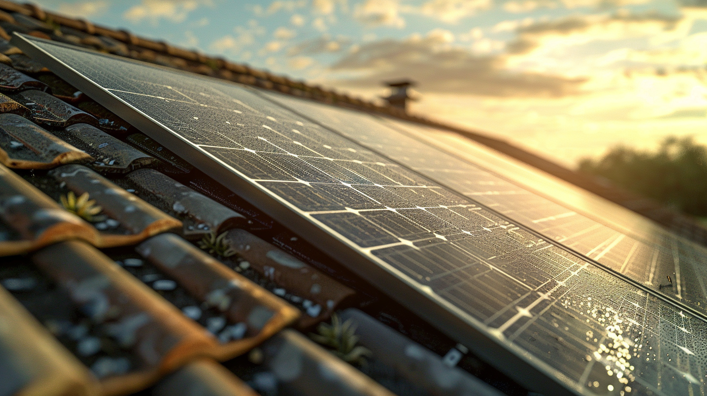 Nahaufnahme eines Solarpanels auf einem Dach mit Wassertropfen.