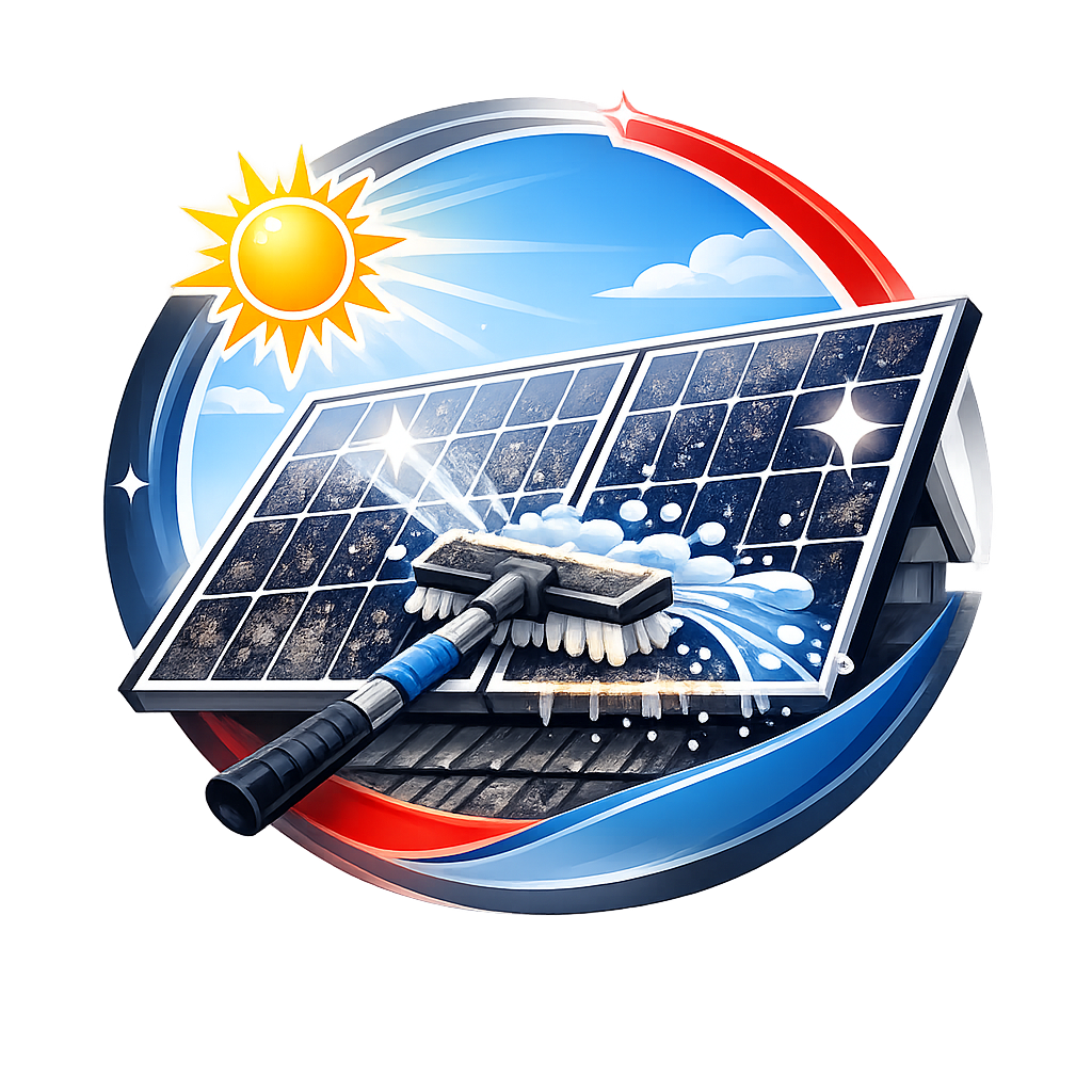 Reinigung von Solarpanelen mit Wasser und Bürste unter Sonnenschein.